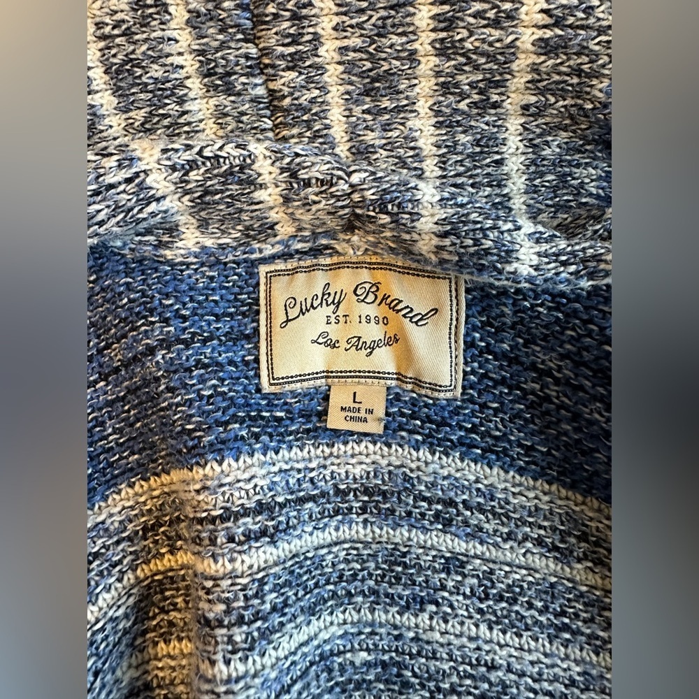 Lucky Brand Blue Open Duster Cardigan Boho Long Pockets Size L Heavyweight Cozy - Picture 5 of 8